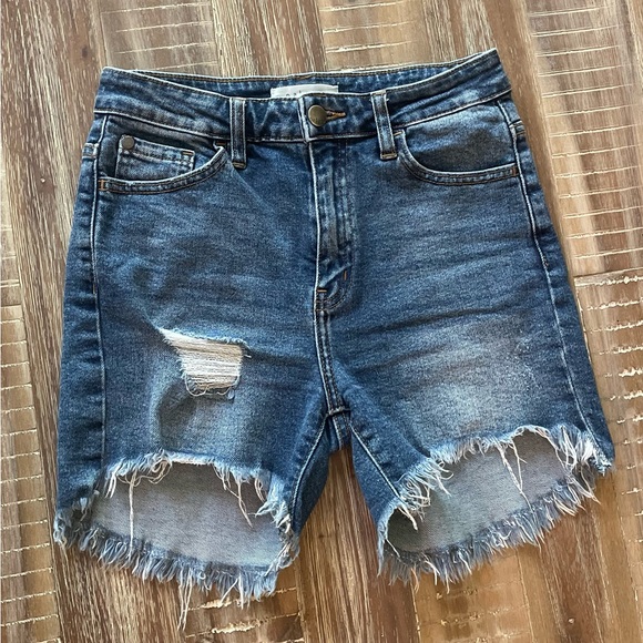 Nature Denim Distressed Raw Hem Dark Wash Denim Shorts - Picture 2 of 6